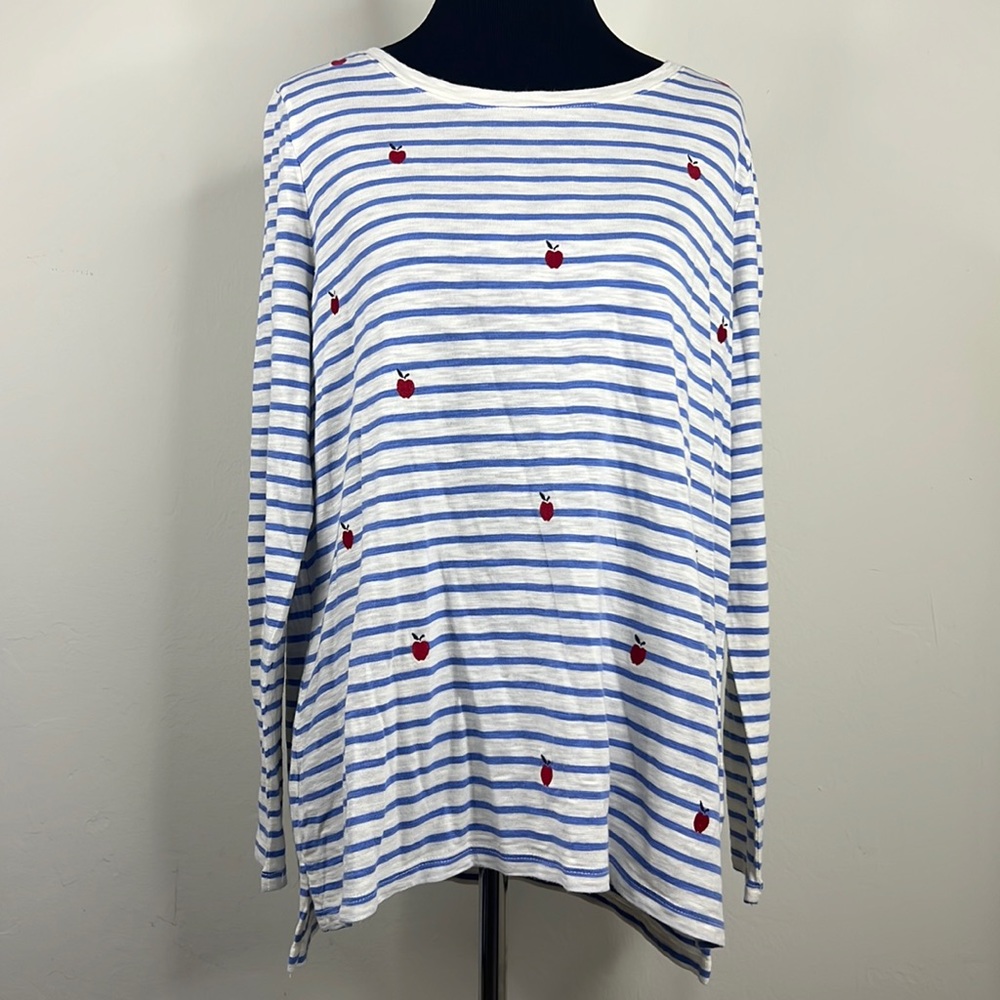 TALBOTS Plus Size Petite Blue White Stripe Apple Embroidered Top 1XP